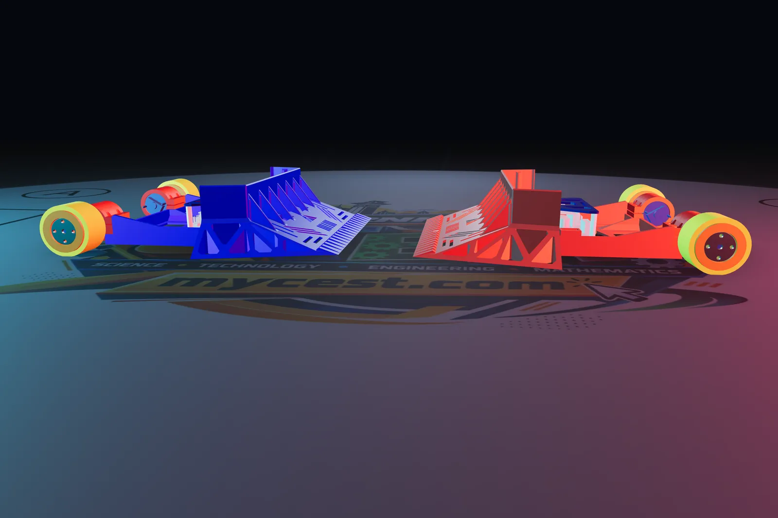 Dua robot V2 Stingray, biru dan merah, berhadapan di gelanggang dalam simulator MyMech